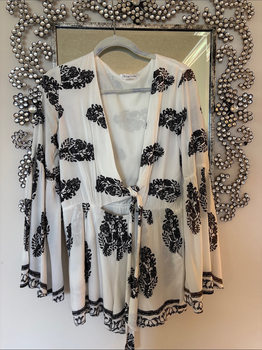 lovestitch White & Black Tie-Front Printed Romper